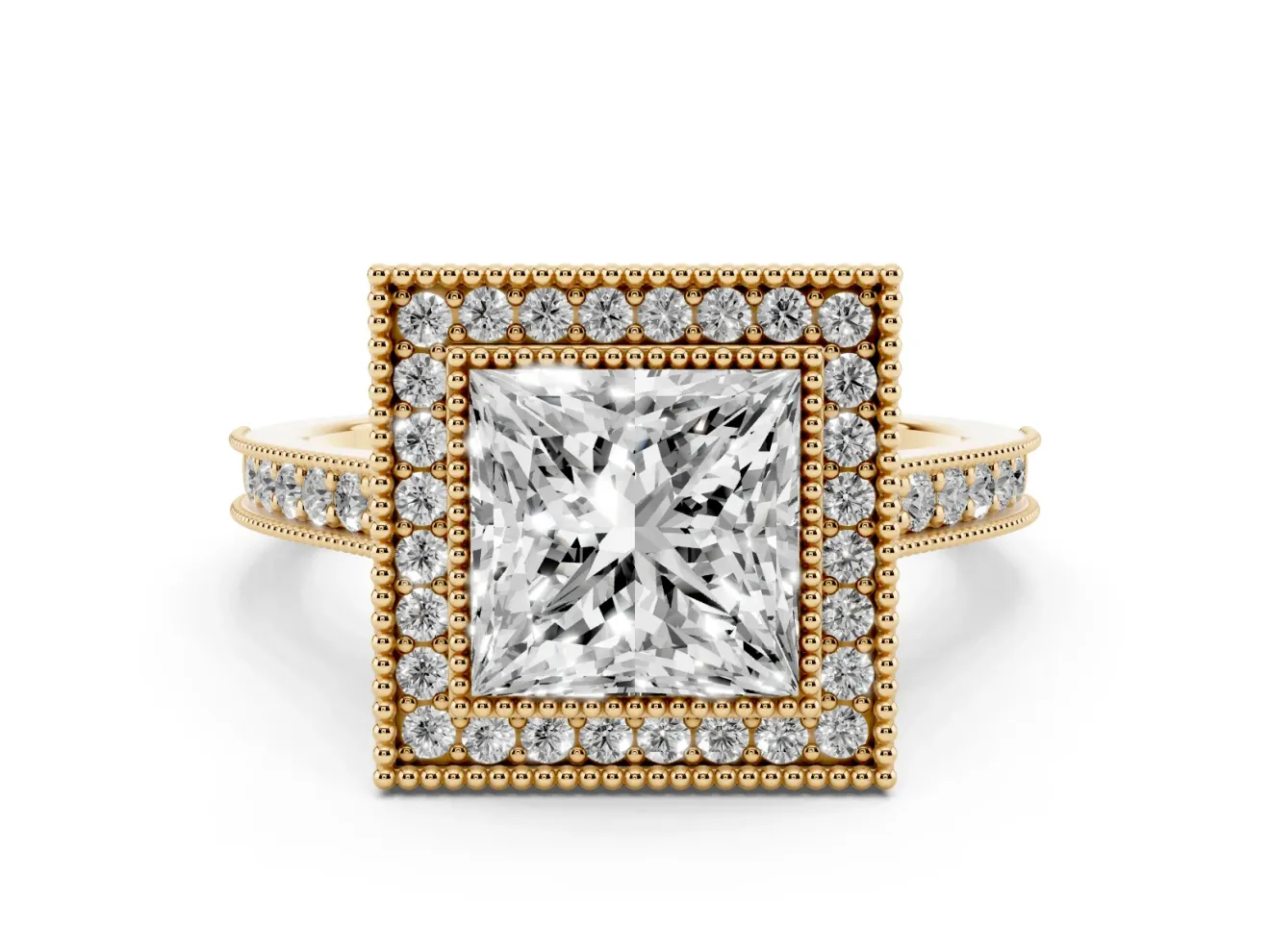Princess Cut Vintage Milgrain Halo Engagement Ring Setting | Bezel Head | Yellow Gold
