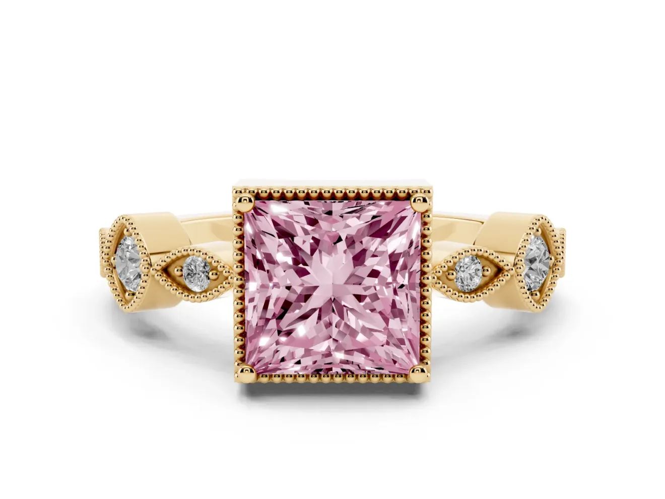 Princess Cut Vintage Milgrain Engagement Ring Setting for a Fancy Pink Lab-Grown Diamond | Yellow Gold