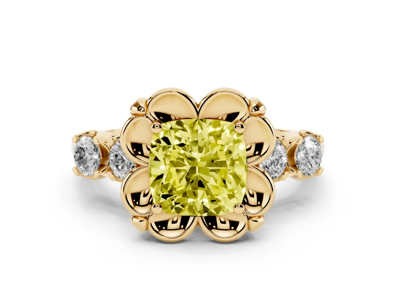 Cushion Cut Floral Engagement Ring Setting for a Fancy Yellow Lab-Grown Diamond | Petal Frame | Yellow Gold