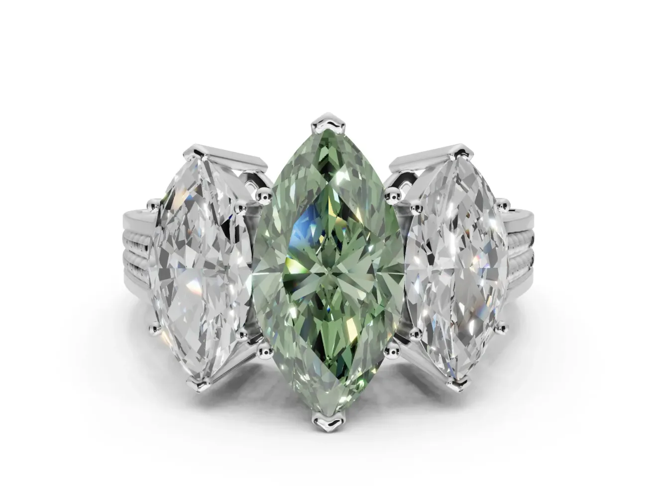 Marquise Three Stone Engagement Ring Setting for a Fancy Green Lab-Grown Diamond | Beaded Shoulders | Platinum