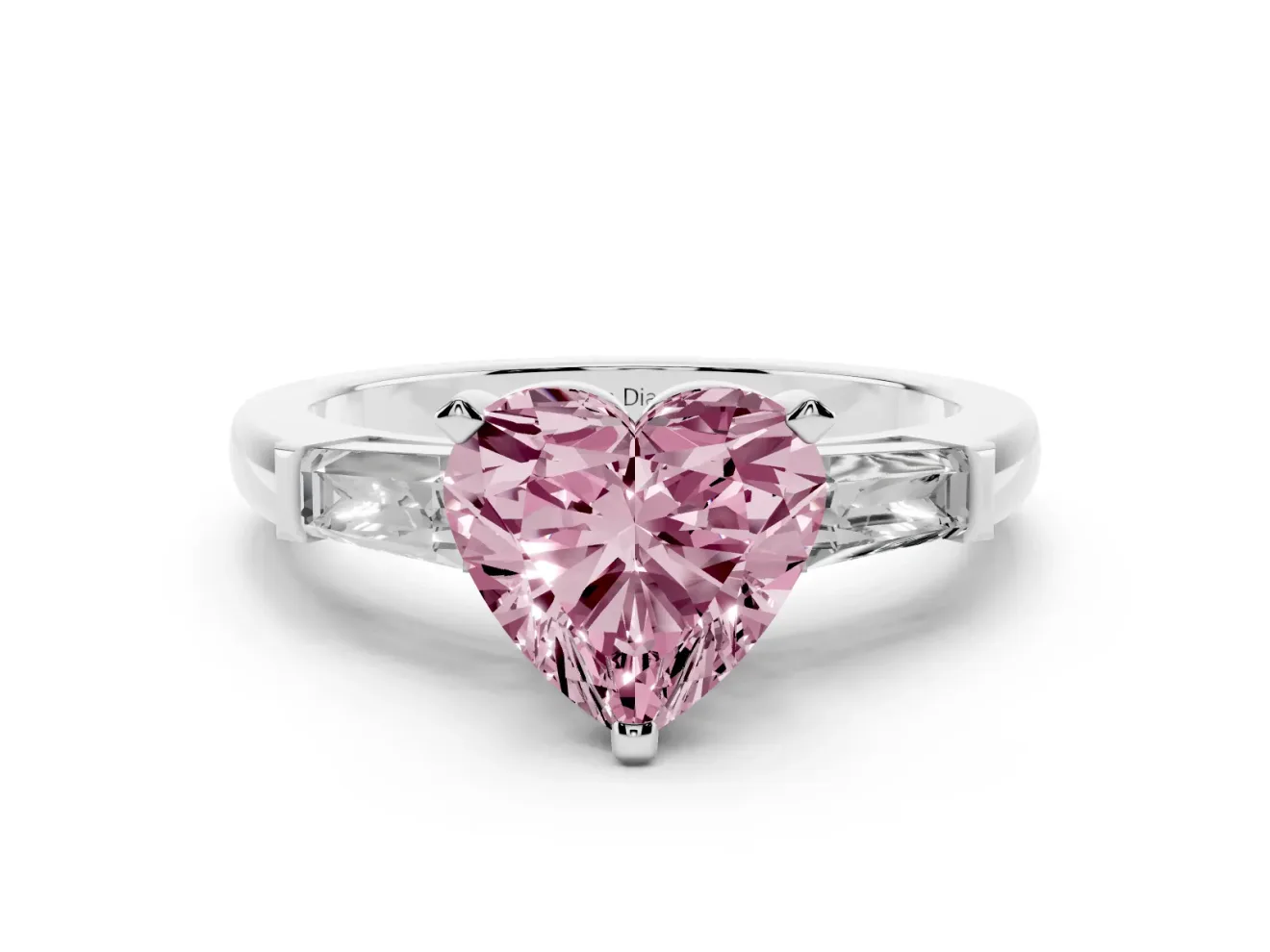 Fancy Pink Heart Cut Diamond Solitaire Ring Set in Silver with Tapered Baguette Side Stones and Prong Setting