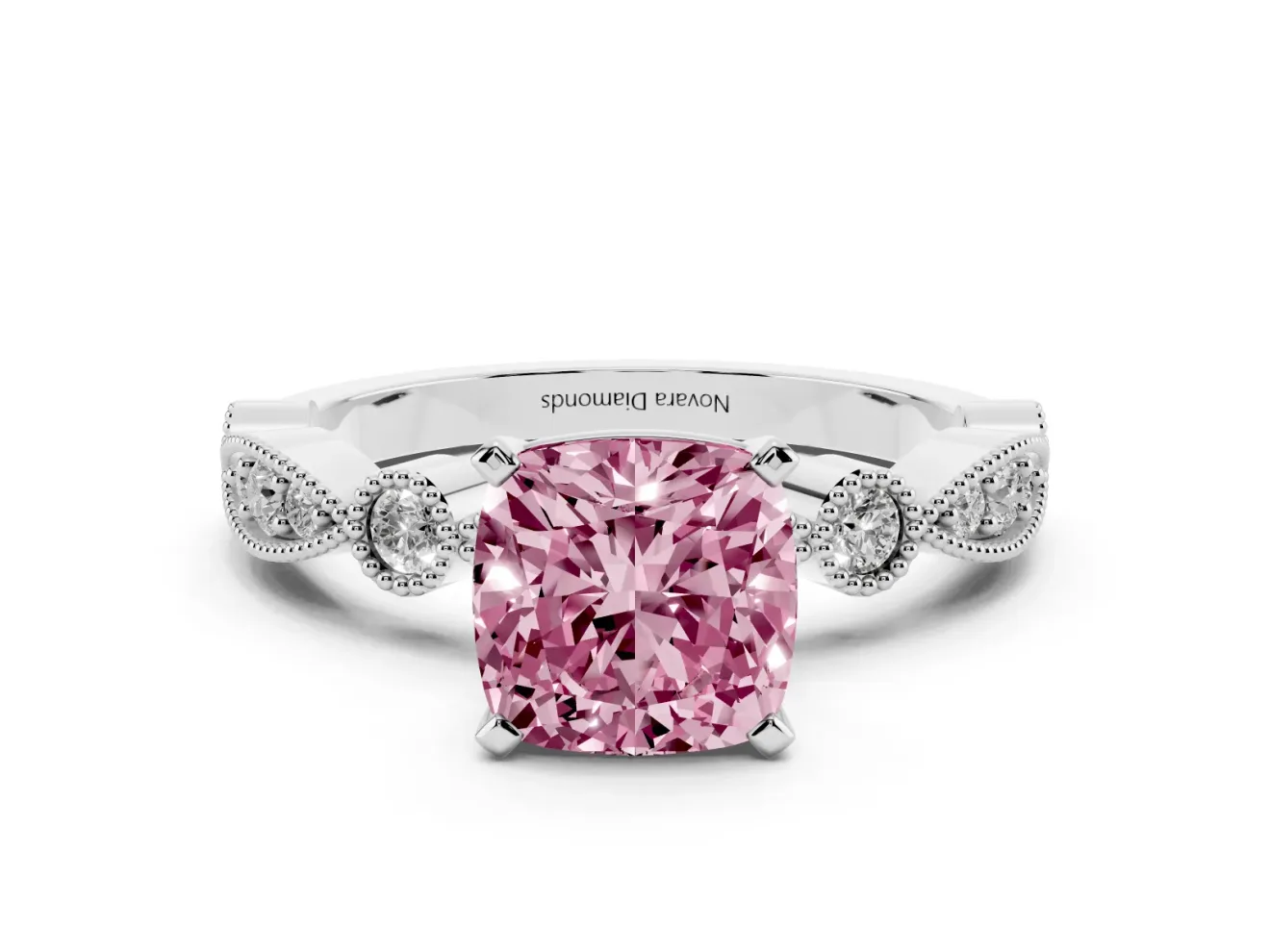 Fancy Pink Cushion Cut Diamond Solitaire Engagement Ring Set in Platinum with Milgrain Bezel Accent Band