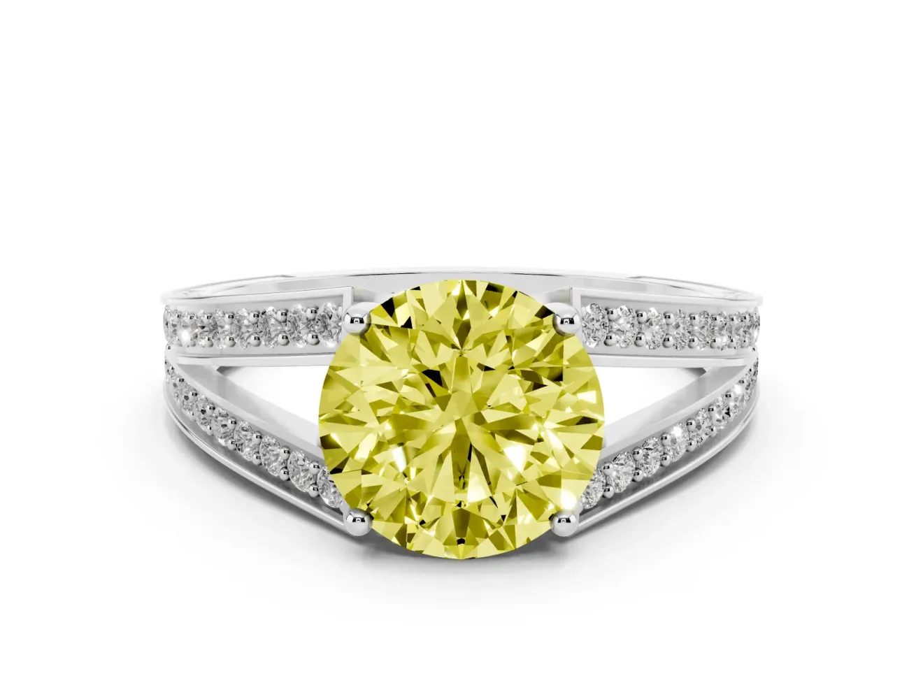 Fancy Yellow Round Cut Diamond Split Shank Ring Set in White gold with Pavé Band and Prong Setting