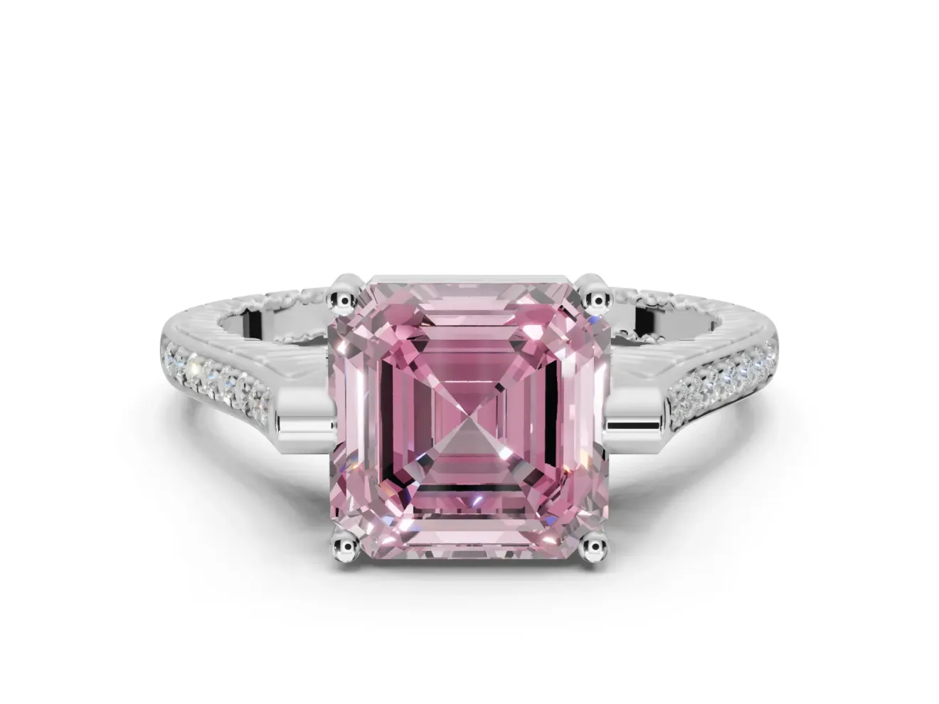 Asscher Cut Vintage Cathedral Engagement Ring Setting for a Fancy Pink Lab-Grown Diamond | Carved Band | White Gold