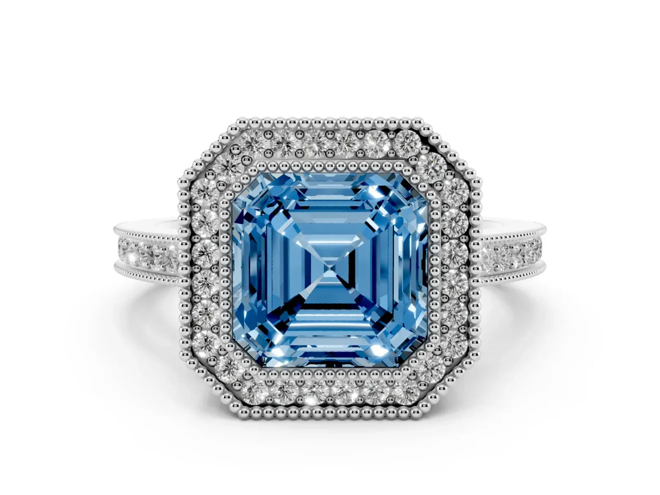 Fancy Blue Asscher Cut Diamond Halo Ring Set in Silver with Pavé Band and Milgrain-Edged Prongs