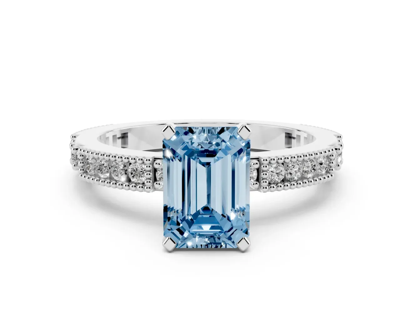 Fancy Blue Emerald Cut Diamond Solitaire Ring Set in Platinum with Slim Pavé Band and Prong Setting