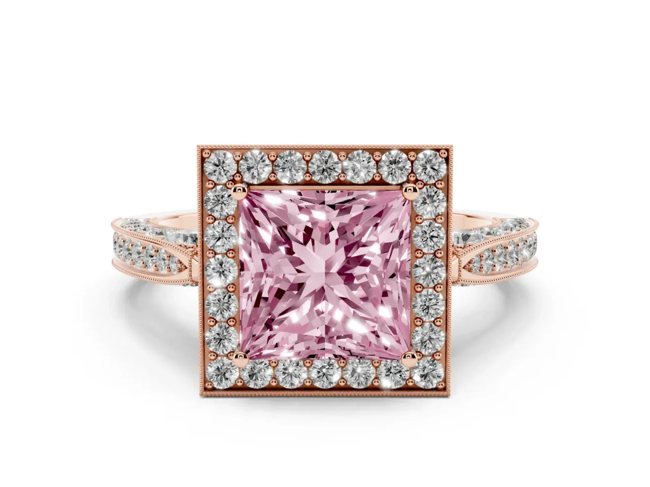 Princess Cut Milgrain Halo Engagement Ring Setting for a Fancy Pink Lab-Grown Diamond | Side Stones | Rose Gold