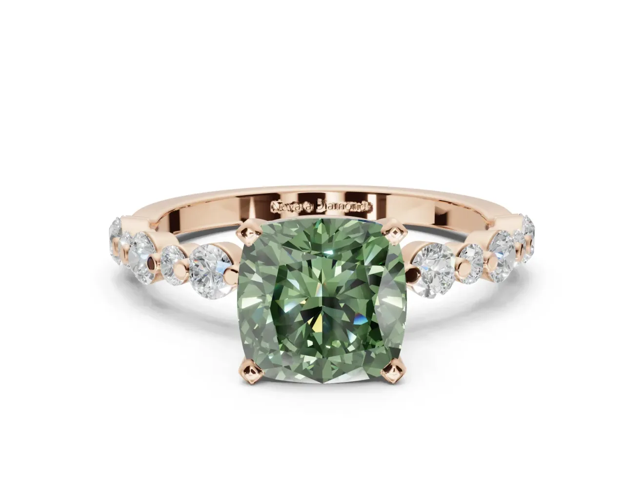 Cushion Cut Pavé Solitaire Engagement Ring Setting for a Fancy Green Lab-Grown Diamond | Alternating Accents | Rose Gold