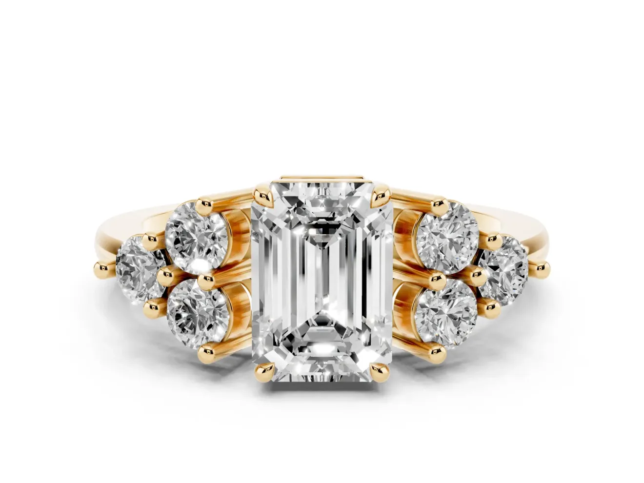 Emerald Cut Cluster Side Stone Engagement Ring Setting | Plain Band | Yellow Gold