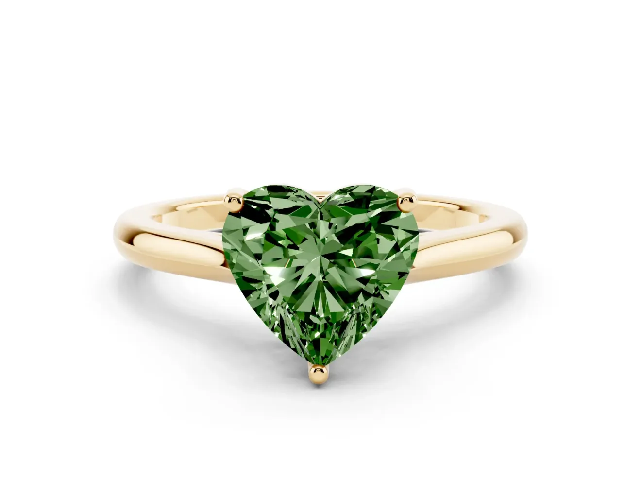 Fancy Green Heart Cut Diamond Solitaire Ring Set in Yellow gold with Cathedral Band and Prong Setting