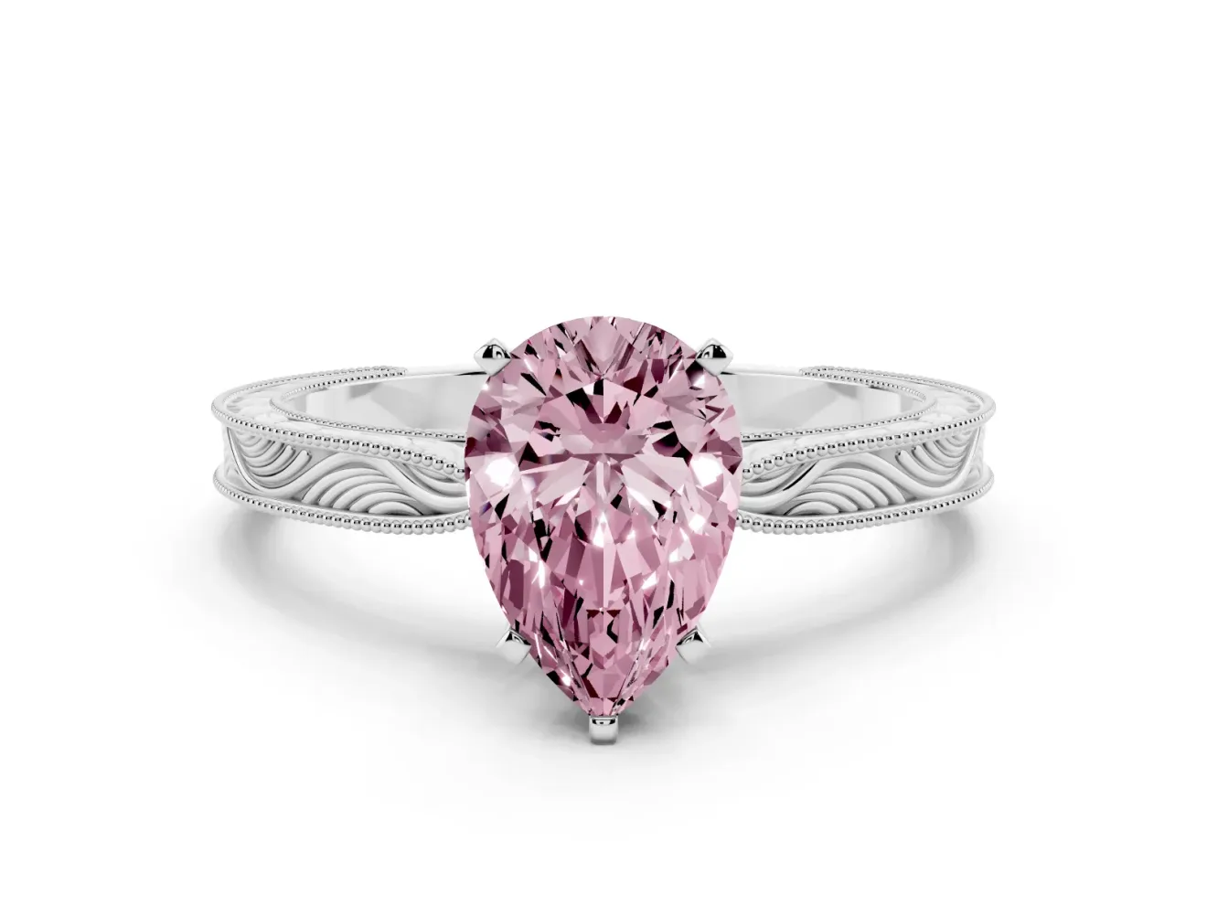 Fancy Pink Pear Cut Diamond Solitaire Milgrain Engraved Band Set in White gold with Prong Setting