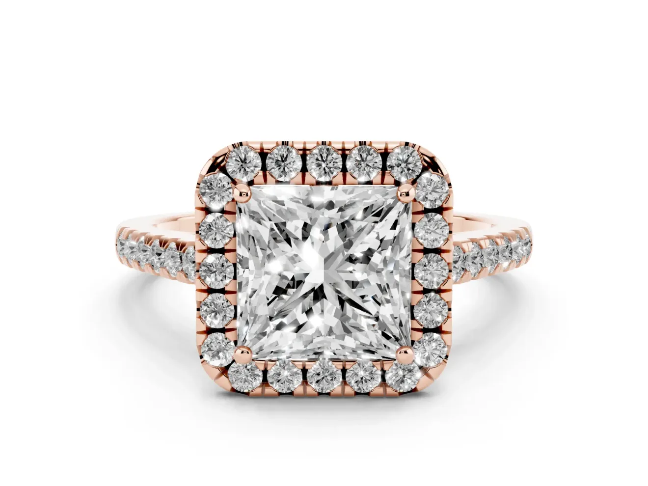 Princess Cut Raised Halo Engagement Ring Setting | Pave Band | Rose Gold