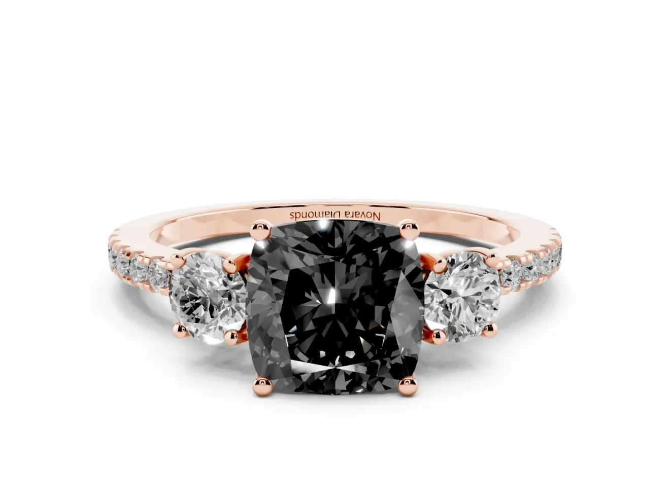 Cushion Cut Three Stone Engagement Ring Setting for a Black Center | Pavé Shoulders | Rose Gold