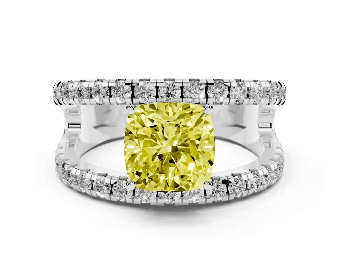 Cushion Cut Wide Open Split Shank Engagement Ring Setting for a Fancy Yellow Lab-Grown Diamond | Pavé Strands | Platinum