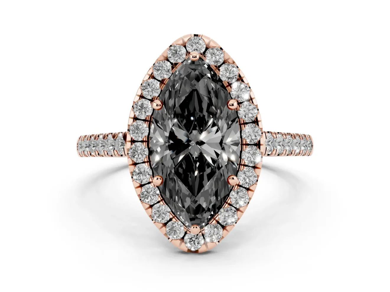 Marquise Halo Engagement Ring Setting for a Black Center | Pavé Shoulders | Rose Gold