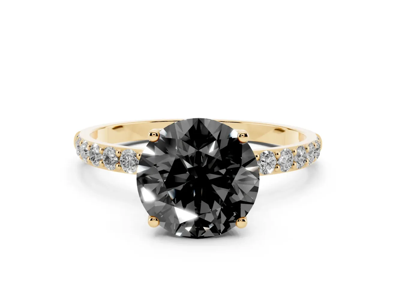 Round Pavé Solitaire Engagement Ring Setting for a Black Center | Fine Line Pavé Band | Yellow Gold