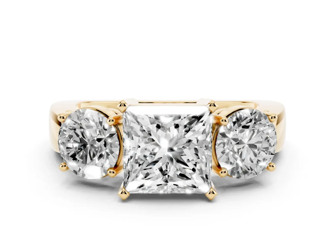 Princess Cut Three Stone Engagement Ring Setting | Wide Plain Band | Yellow Gold