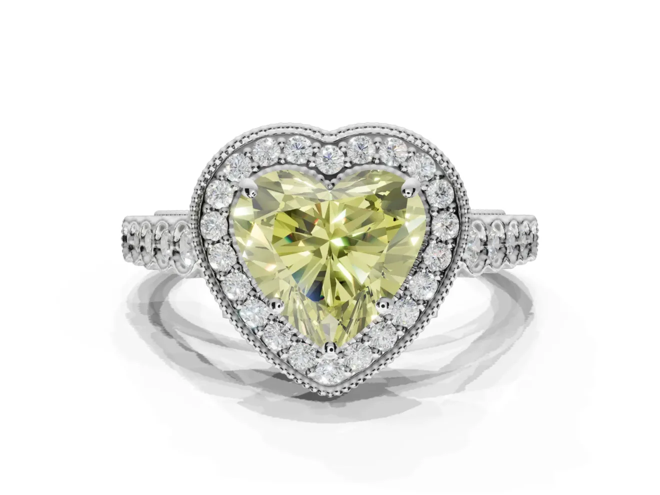 Canary Yellow Heart-Shaped Lab-Grown Diamond Milgrain Halo Solitaire Ring Set in Platinum with Bezel Set Side Stones and Pavé Band