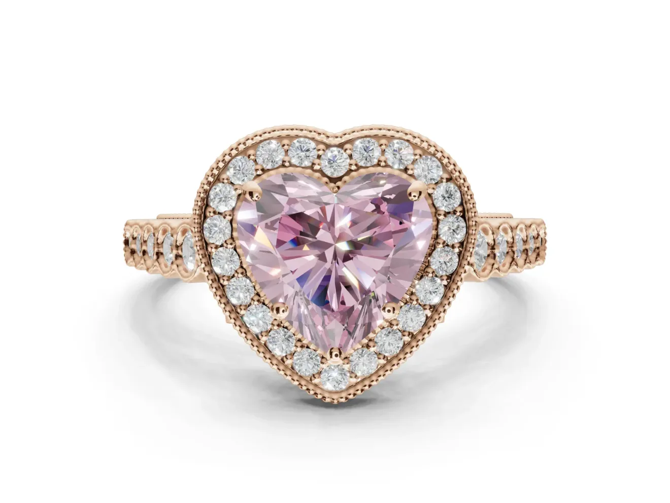 Fancy Pink Heart-Shaped Lab-Grown Diamond Milgrain Halo Solitaire Ring Set in Rose Gold with Bezel Set Side Stones and Pavé Band