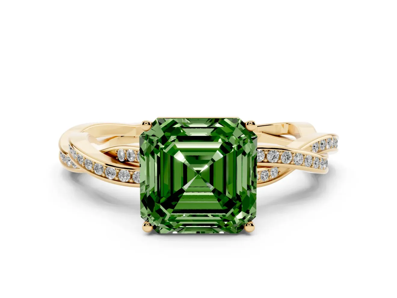 Asscher Cut Twisted Pavé Solitaire Engagement Ring Setting for a Fancy Green Lab-Grown Diamond | Yellow Gold