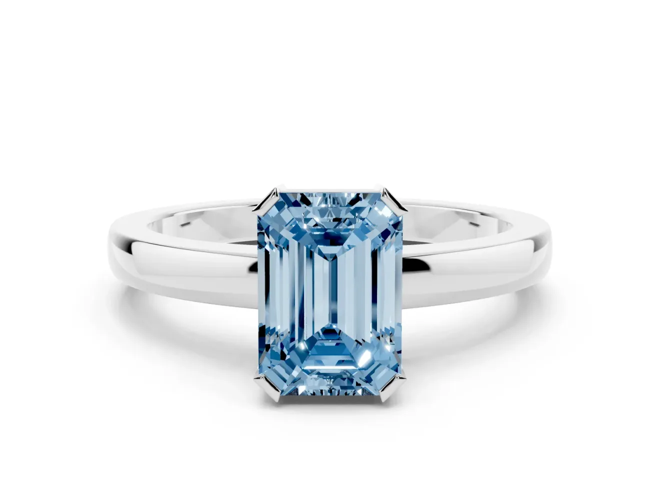 Fancy Blue Emerald Cut Diamond Solitaire Ring Set in Platinum with Prong Head and Smooth Polished Band