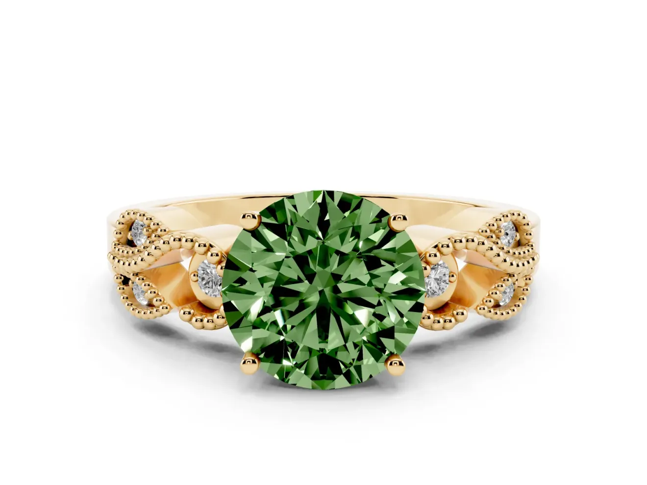 Fancy Green Round Cut Diamond Milgrain Leaf Band Solitaire Ring Set in Yellow gold with Accent Stones and Prong Setting