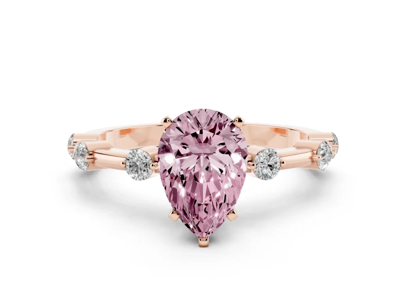 Fancy Pink Pear Cut Diamond Solitaire Ring Set in Rose gold with Bezel Set Side Stones and Prong Setting