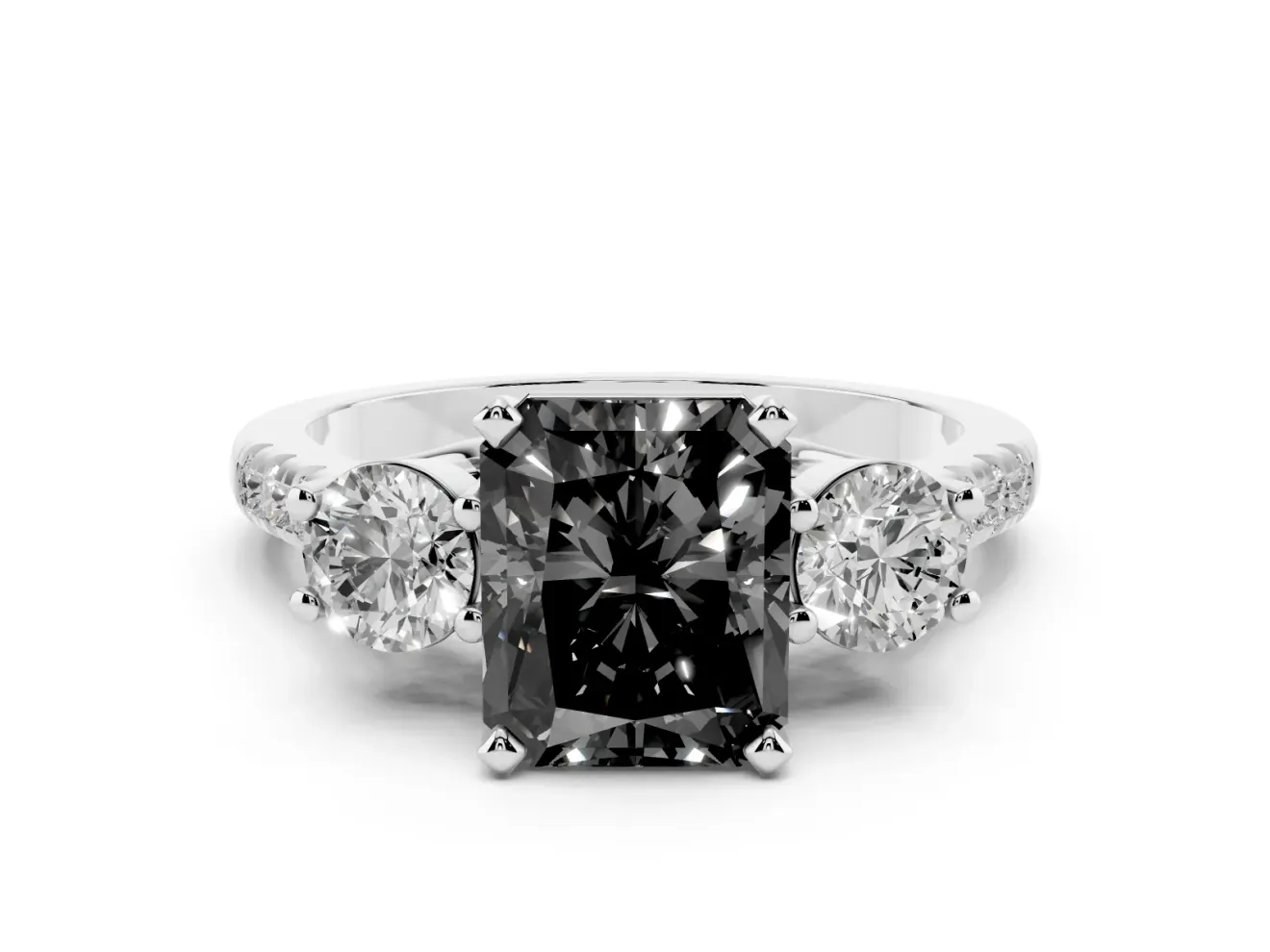 Fancy Black Three-Stone Radiant Cut Diamond Pavé Band Ring Set in Silver with Prong-Set Trio