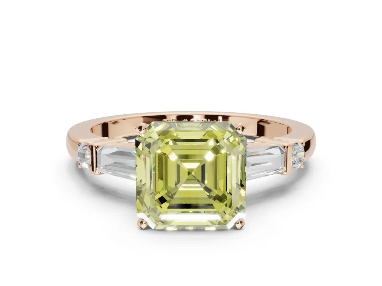 Asscher Cut Tapered Baguette Engagement Ring Setting for a Fancy Yellow Lab-Grown Diamond | Bar Set Sides | Rose Gold