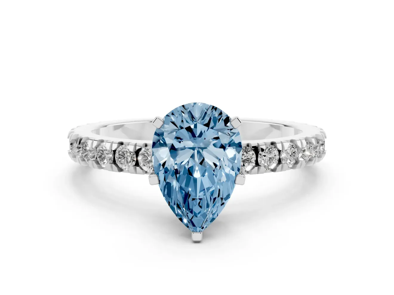 Fancy Blue Pear Cut Diamond Pavé Band Solitaire Set in White gold with Prong Setting