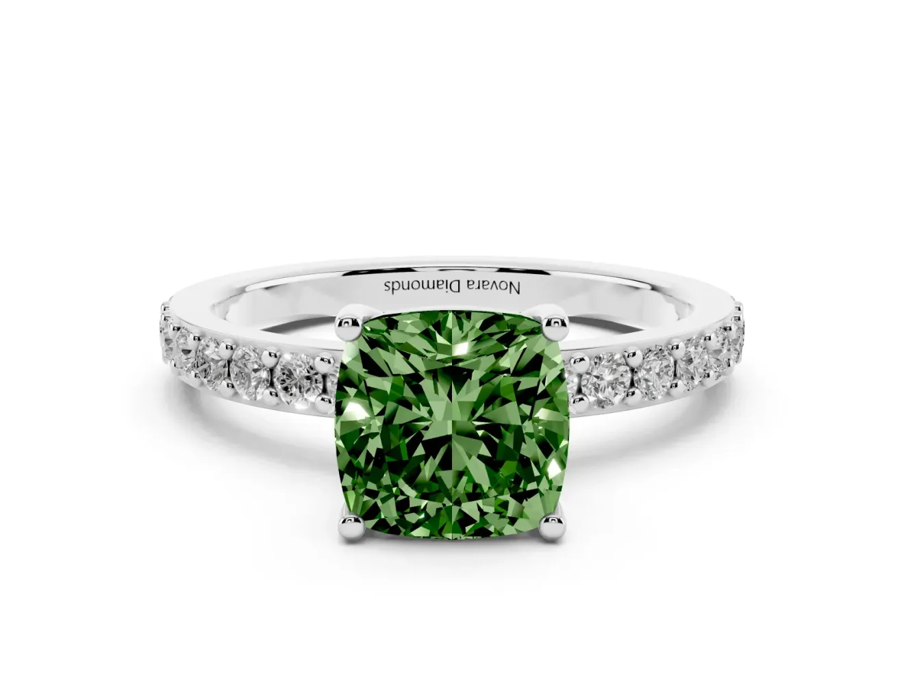 Fancy Green Cushion Cut Diamond Solitaire Set in Platinum with Round Pavé Band and Prong Setting