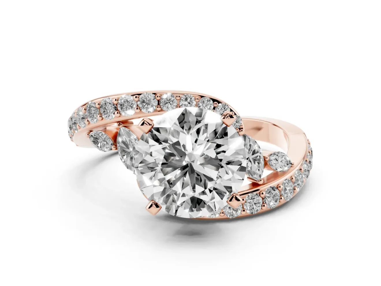 Round Bypass Pavé Engagement Ring Setting | Marquise Accents | Rose Gold