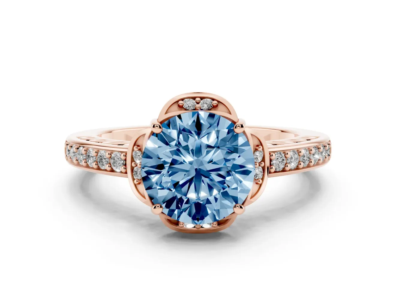 Round Floral Pavé Engagement Ring Setting for a Fancy Blue Lab-Grown Diamond | Rose Gold