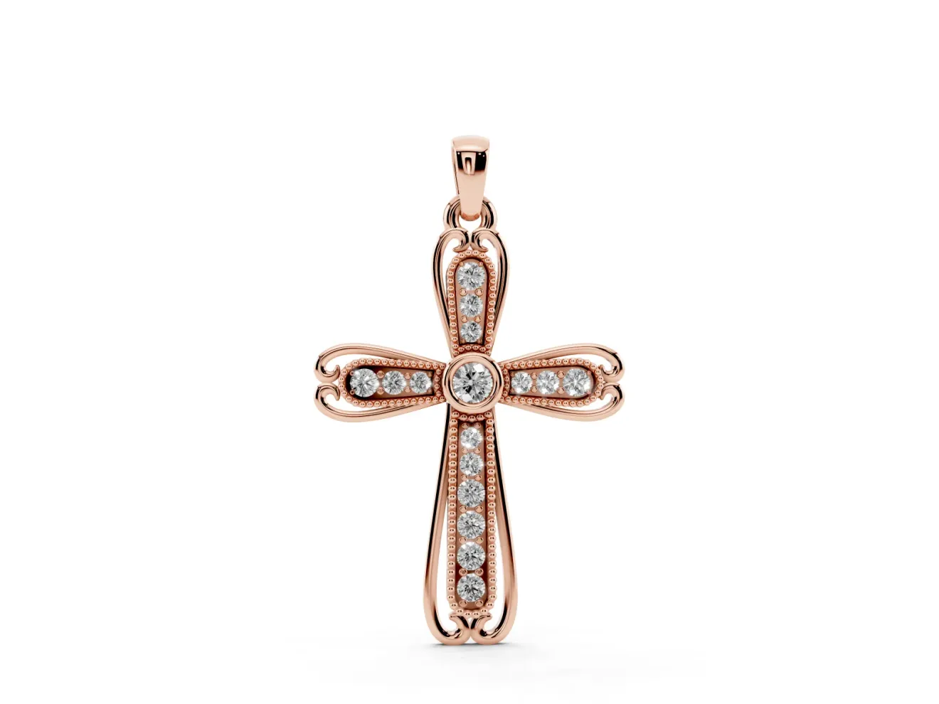 Round Lab-Grown Diamond Bezel Milgrain Cross Pendant Necklace | Scrolled Outline | Rose Gold