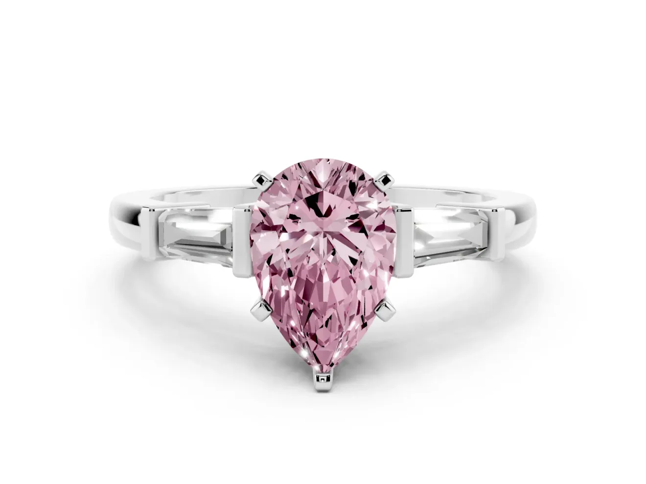 Fancy Pink Pear Cut Diamond Solitaire Ring Set in Platinum with Tapered Baguette Accents and Prong Setting