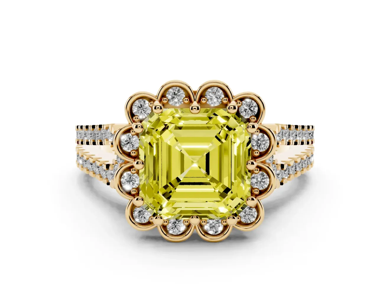 Asscher Cut Floral Halo Engagement Ring Setting for a Fancy Yellow Lab-Grown Diamond | Pavé Split Shank | Yellow Gold