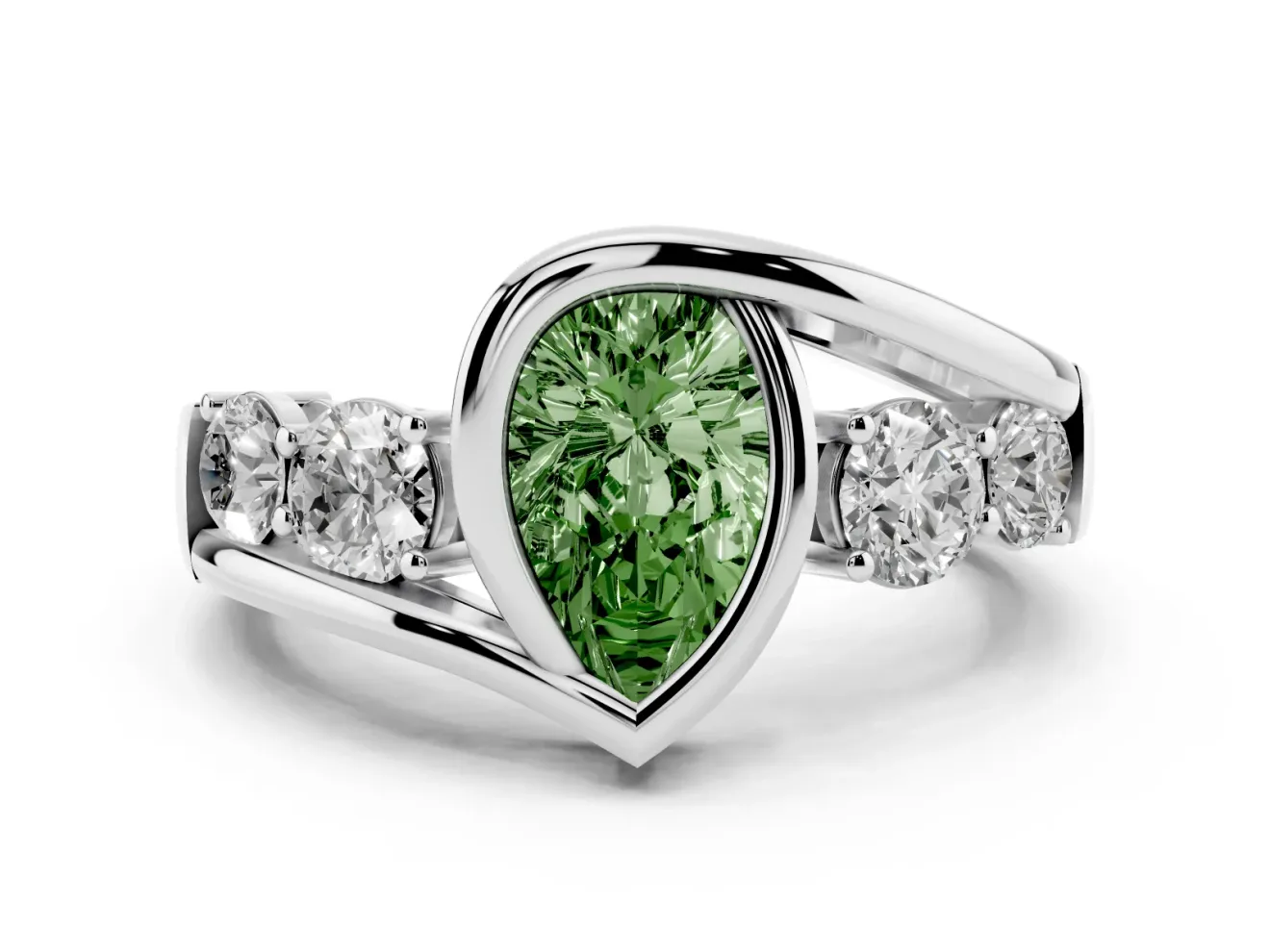 Fancy Green Pear Cut Diamond Bezel Bypass Ring Set in Silver with Round Accents