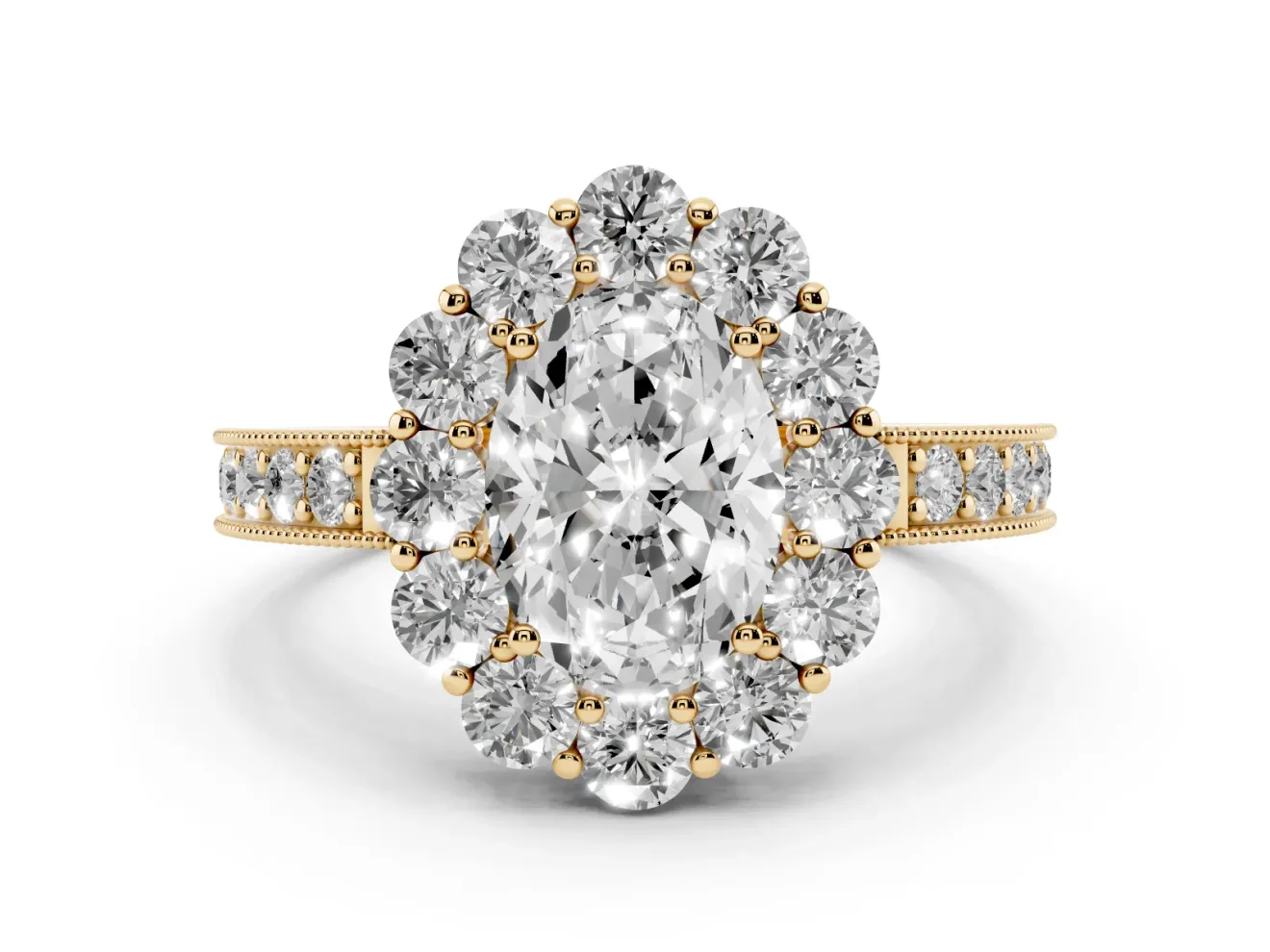 Oval Vintage Halo Engagement Ring Setting | Milgrain Channel Band | Yellow Gold