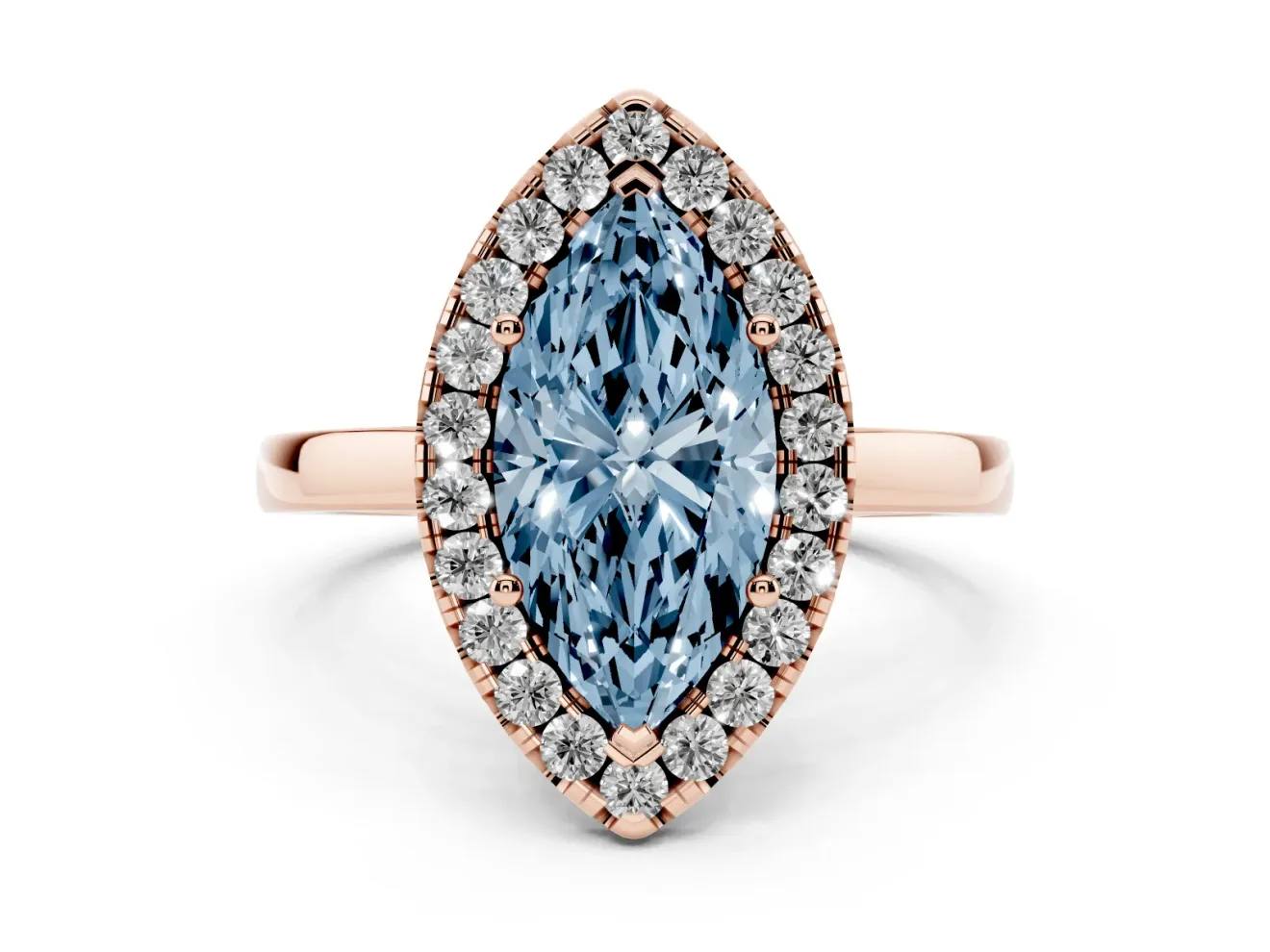 Fancy Blue Marquise Cut Diamond Halo Solitaire Ring Set in Rose gold with Pavé Band and Prong Setting