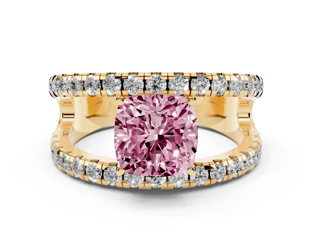 Cushion Cut Pavé Engagement Ring Setting for a Fancy Pink Lab-Grown Diamond | Yellow Gold - Design NV-24679