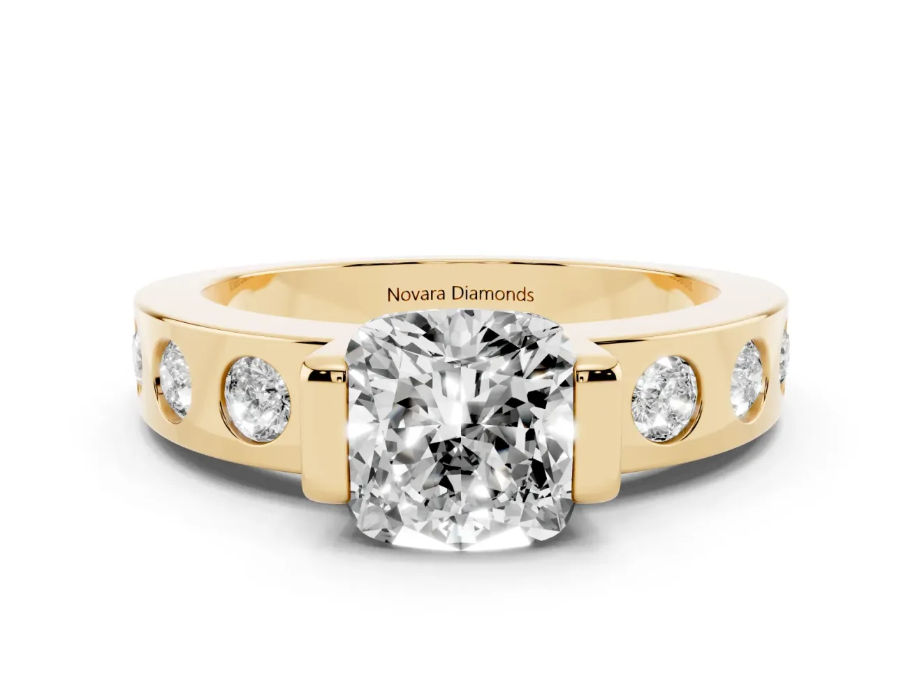 Cushion Cut Tension Style Engagement Ring Setting | Flush Set Accents | Yellow Gold