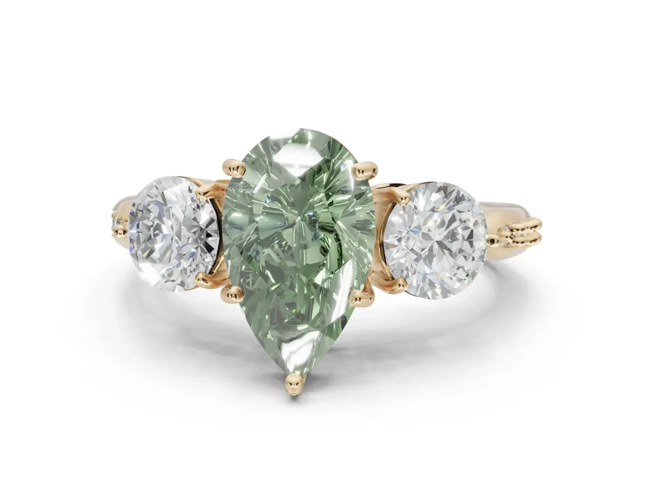 Pear-Shaped Three Stone Engagement Ring Setting for a Fancy Green Lab-Grown Diamond | Tapered Pave Band | Yellow Gold
