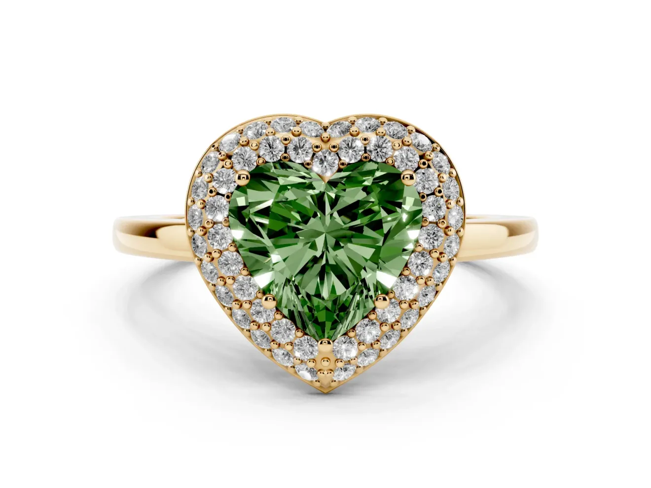 Heart-Shaped Pave Halo Engagement Ring Setting for a Fancy Green Lab-Grown Diamond | Slim Plain Band | Yellow Gold