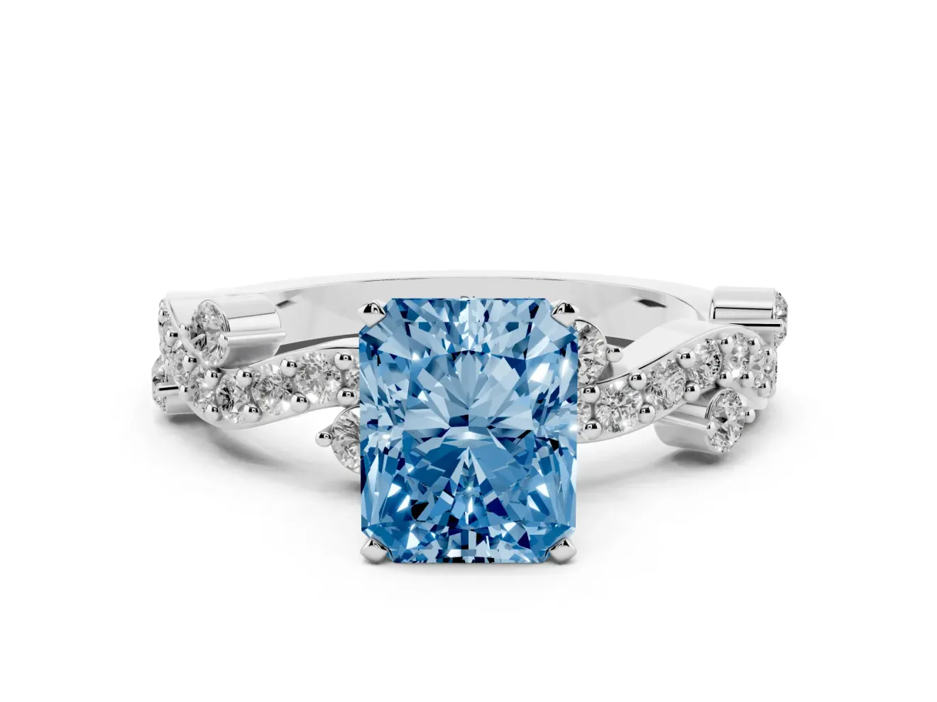 Fancy Blue Radiant Cut Diamond Solitaire Twisted Band Set in White gold with Pavé Setting