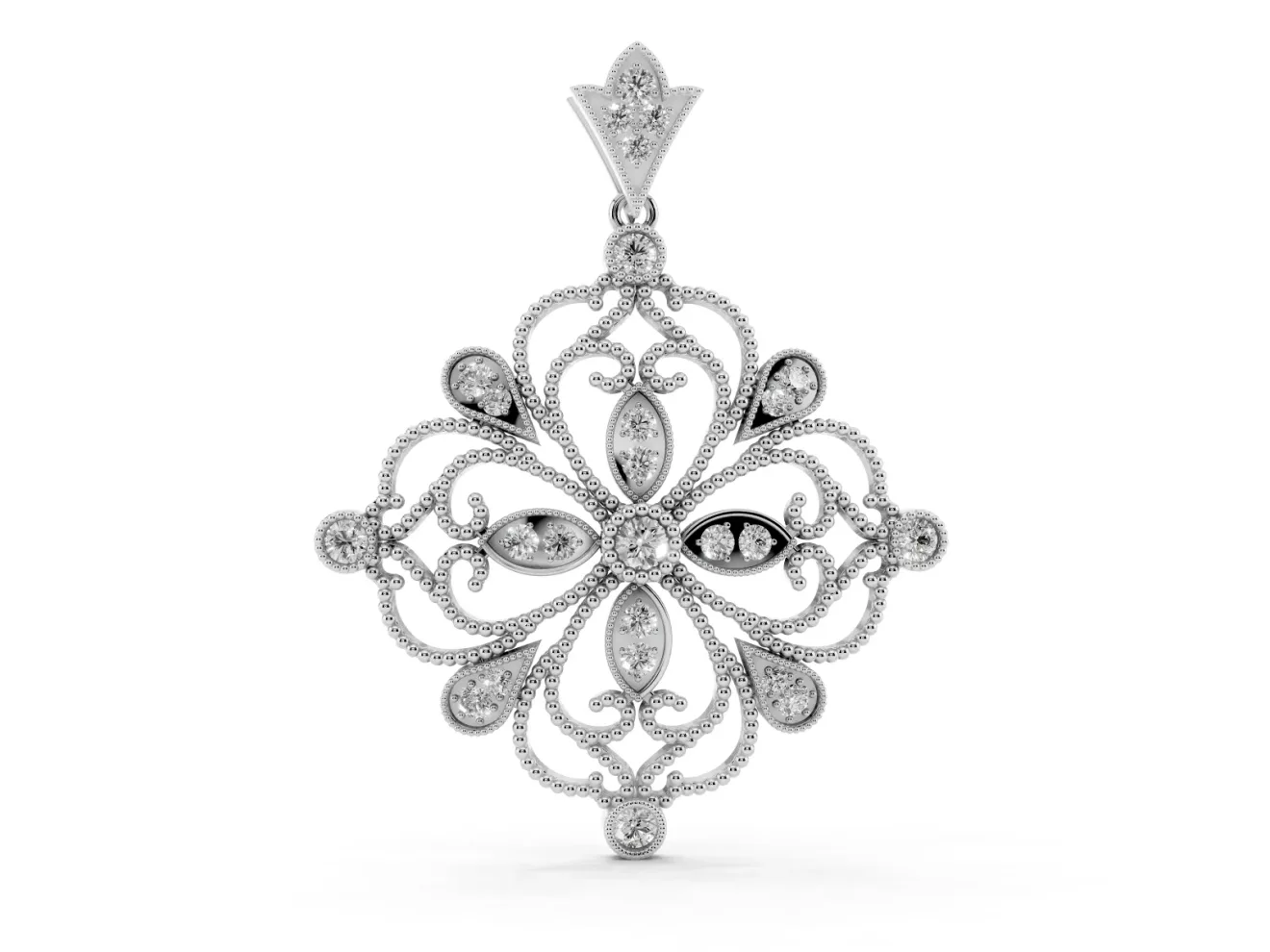 Round Lab-Grown Diamond Vintage Floral Scrollwork Pendant | Milgrain Edges | Sterling Silver