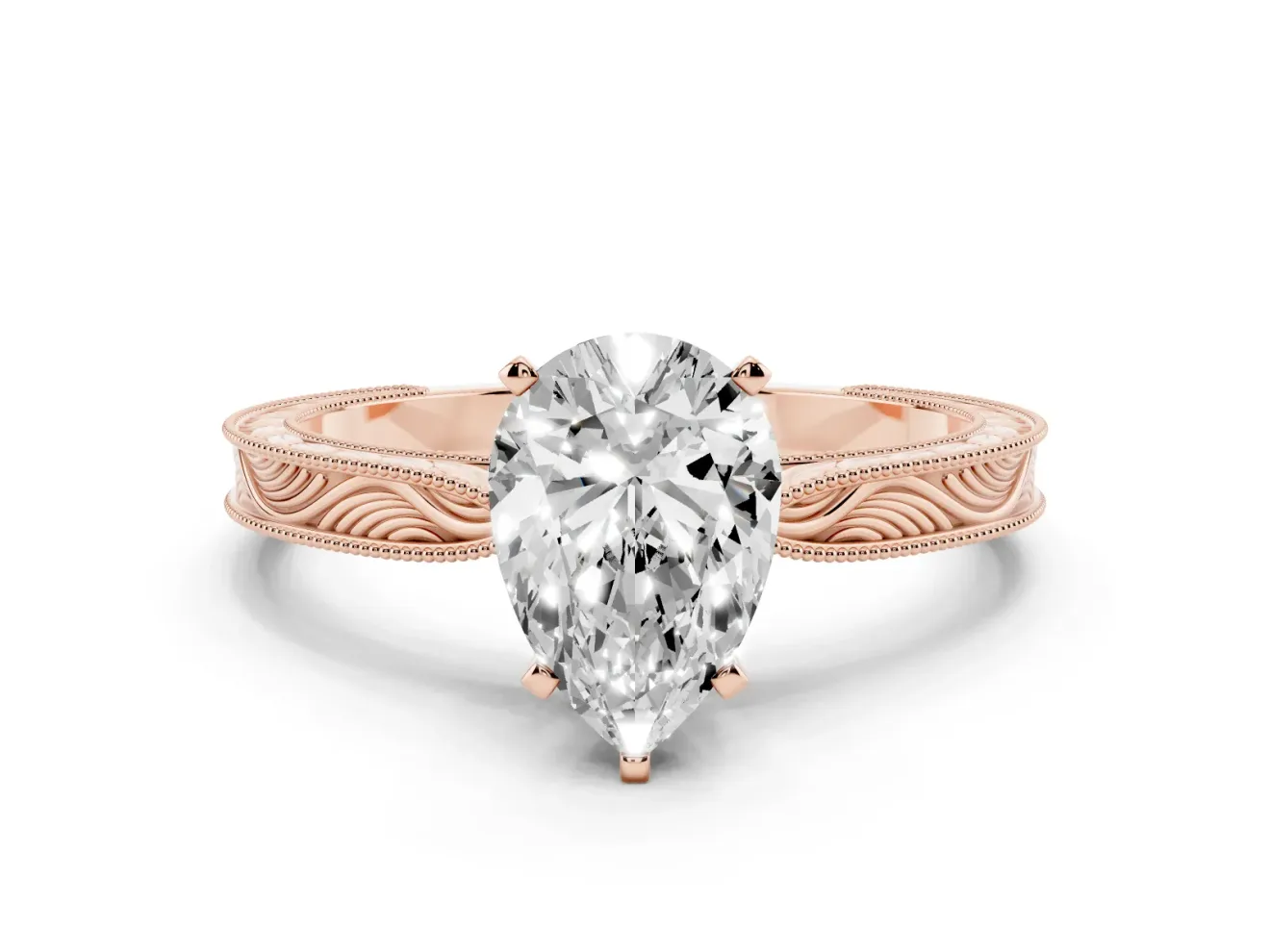 Pear-Shaped Engraved Solitaire Engagement Ring Setting | Milgrain Edges | Rose Gold