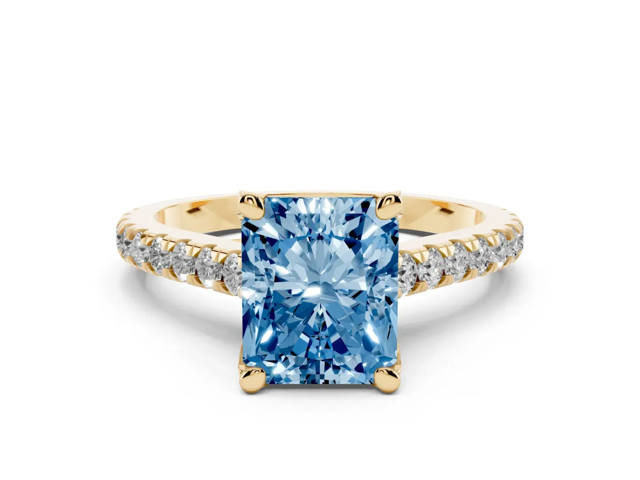 Radiant Cut Hidden Halo Pave Engagement Ring Setting for a Fancy Blue Lab-Grown Diamond | Claw Prongs | Yellow Gold