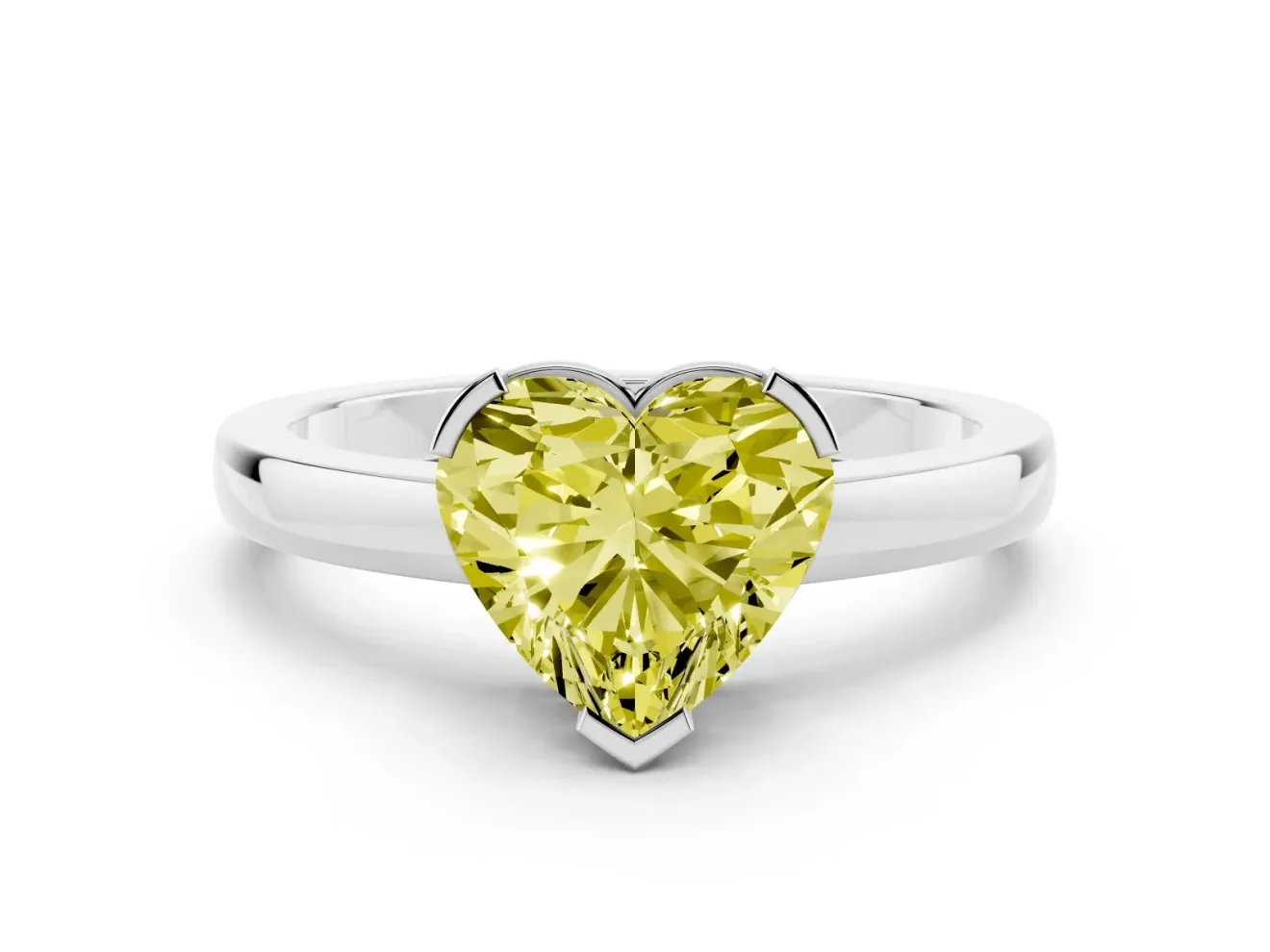 Fancy Yellow Heart Cut Diamond Solitaire Ring Set in White gold with Prong Head and Smooth Polished Band