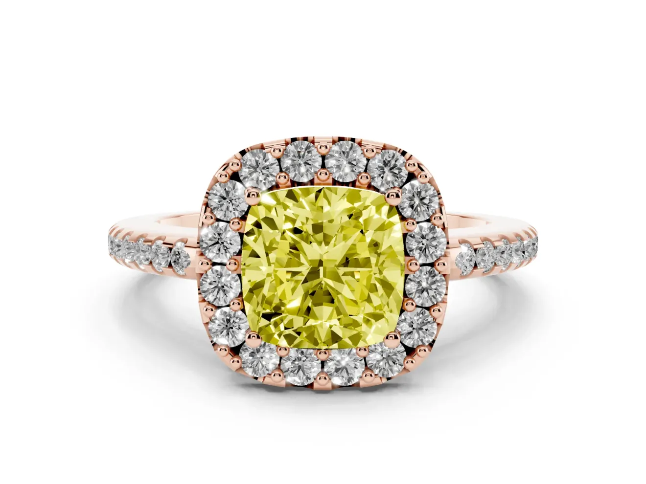 Cushion Cut Pave Halo Engagement Ring Setting for a Fancy Yellow Lab-Grown Diamond | Pave Band | Rose Gold