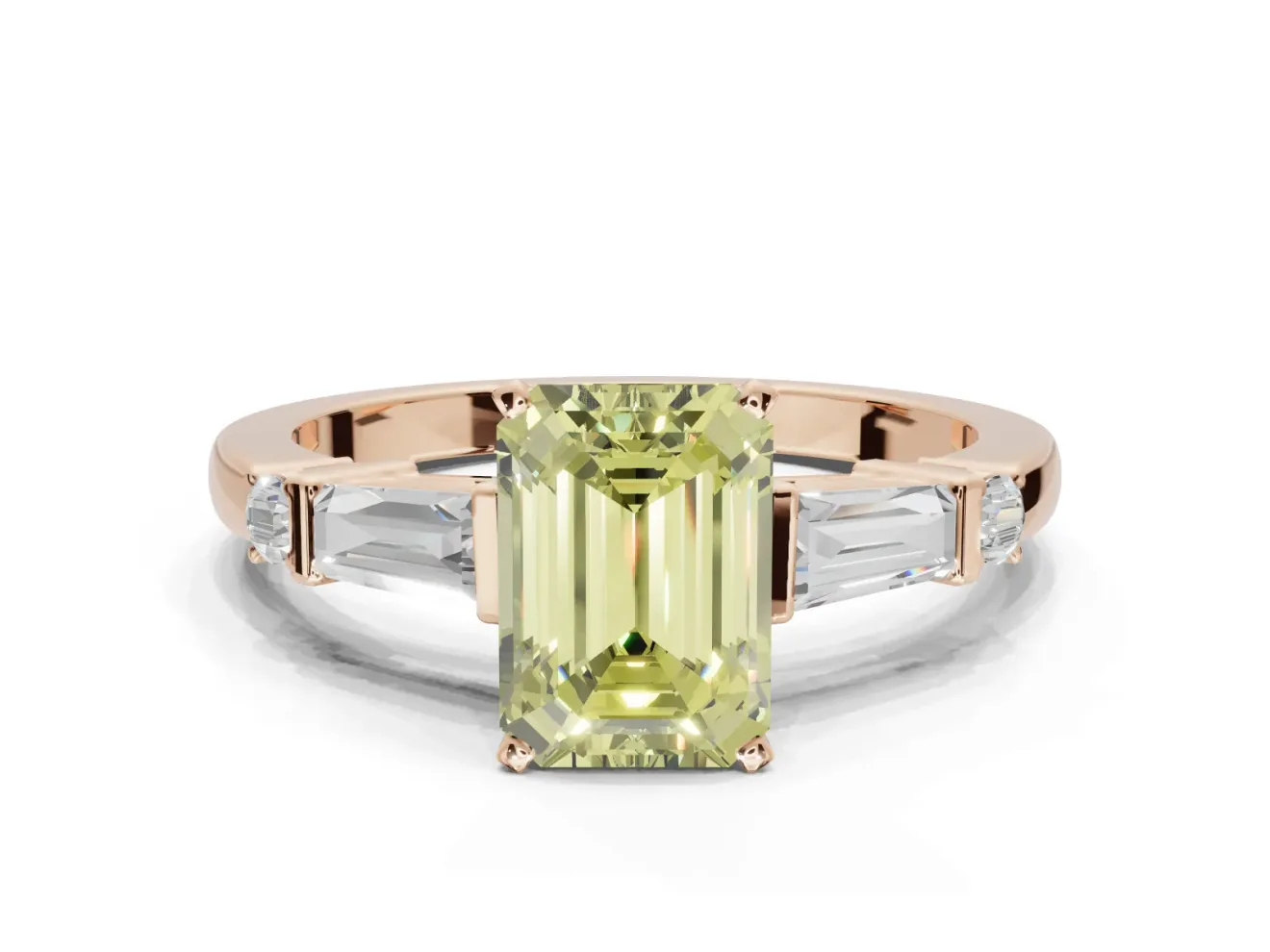Emerald Cut Tapered Baguette Engagement Ring Setting for a Fancy Yellow Lab-Grown Diamond | Bar Set Sides | Rose Gold